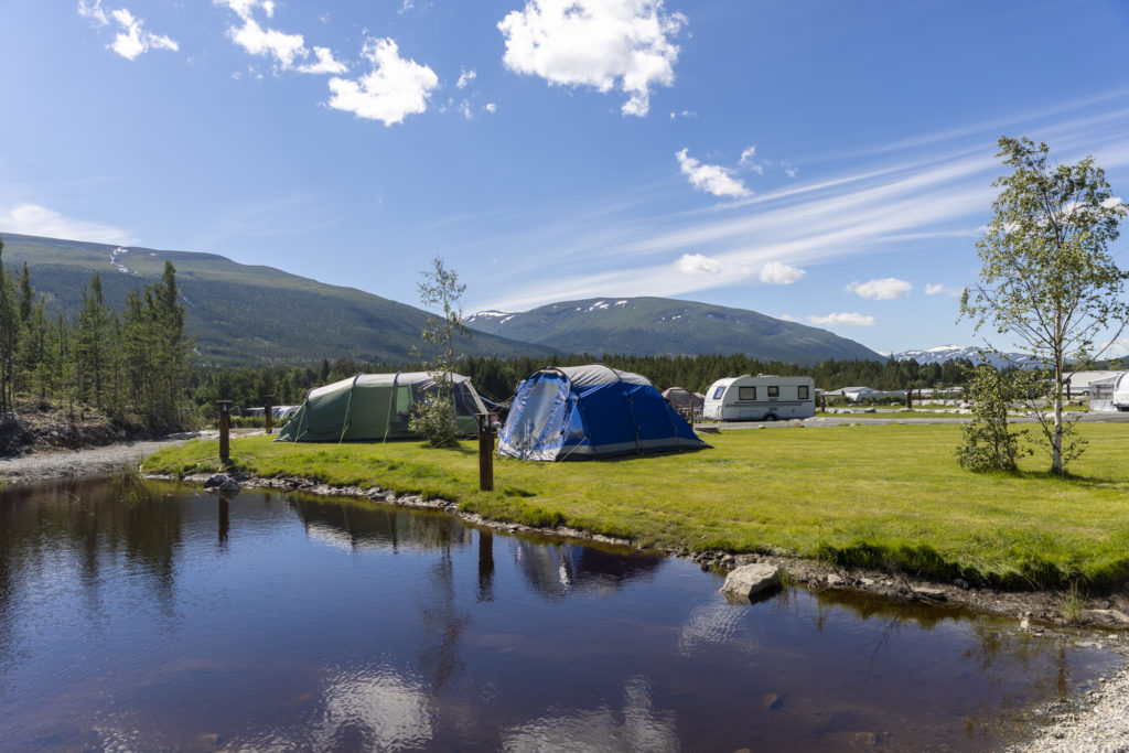 Nydelig teltoppstilling ved et tjern på Dønfoss camping. 