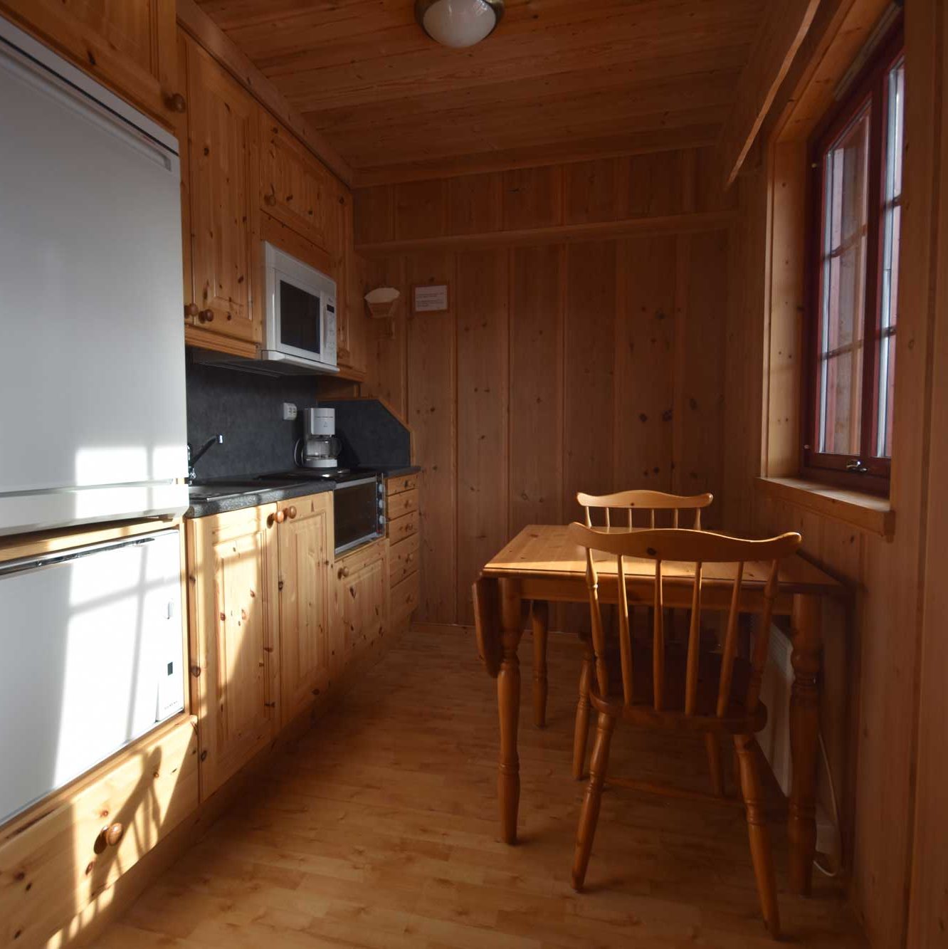 Kjøkken i leilighet på Dønfoss camping med liten spisegruppe, kjøleskap, oppvaskmaskin, micro, kaffetrakter og stekeoven.